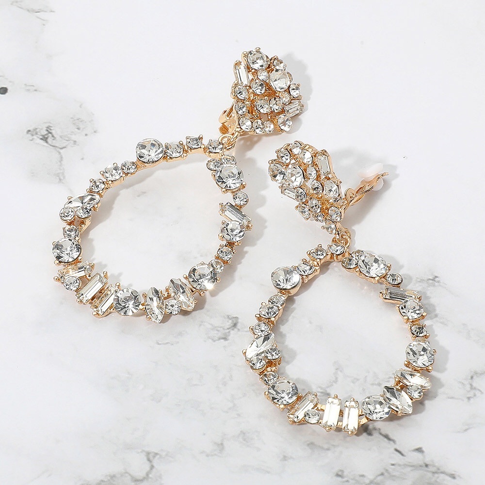 Gold or Silver Stone Cluster Embellish Teardrop Dangle Evening Clip On Earrings